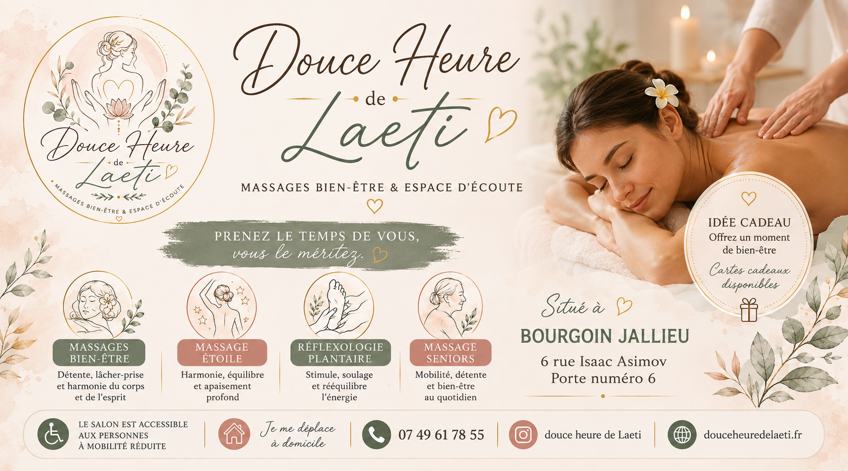 Massages relaxants et soins bien-être sur mesure à Bourgoin-Jallieu, uniquement sur réservation.